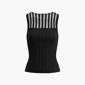 Commense Black Ribbed Sleeveless Sheer Yoke Top